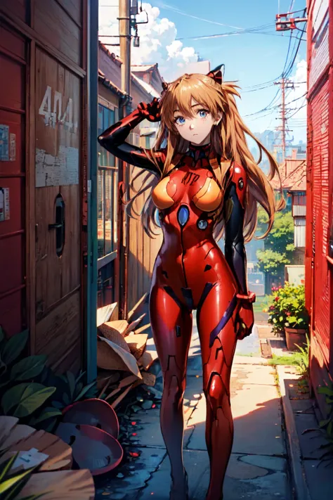 best quality, masterpiece, realistic, photorealistic, <lora:404:1.2> incrs404, parody, english text, <lora:AsukaLangleySouryuuV2-000015:0.8> souryuu asuka langley, 1girl, solo, breasts, looking at viewer, red bodysuit