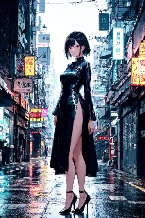 A night Hong Kong street,
a well lit adult woman poses wearing a full dress with a high collar and side slit, a leg aside, high heels,
depth of field, film grain, high quality analog photo, professional shot