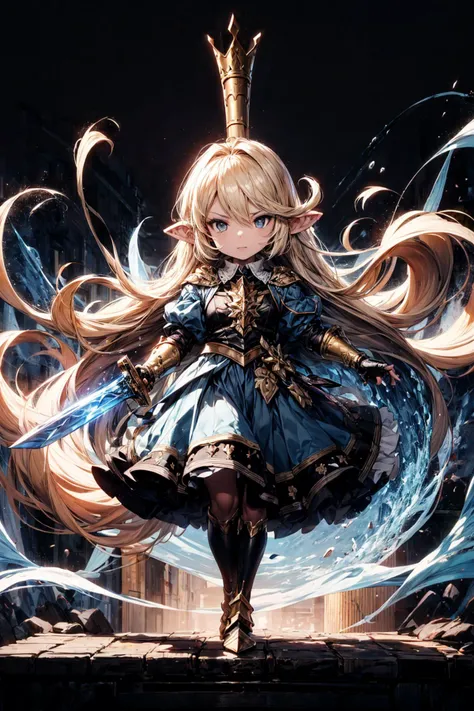 (best quality), (masterpiece),(ultra-detailed:1.2),full body,
1girl,crown,(chibi:1.1),smug,(holding sword:1.1),short body,
<lora:charlotta:0.85> ,charlotta,gauntlets,breastplate,blue dress,ruffle skirt,
standing ,(on the box:1.1),
blue Aura surrounds the body,flowing magic,
abstract background,
<lora:flat2:-0.5> ,
<lora:LowRa:0.3> ,