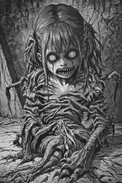 horror art, (sitting in a dark room) being stalked by a terrifying monster (behind her) with large claws and sharp teeth, photorealistic, dark, very detailed, horror, Eerie, unsettling, dark, spooky, suspenseful,4k, 8k uhd, hr, hdr, ultra-detailed,