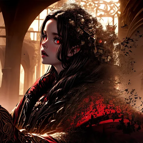 (Vampire:1), (Outer red cloak:1.2),
(The vampire girl residing in the ancient castle spends her time with an enchanting and seductive allure. Her red eyes accentuate her presence. One night, she bared her fangs and attacked at an inhuman speed, defying her human nature:1.3),
(glows ultra-detailed deep Ruby eyes:1.1), (gradient eyes:1.1), (finely detailed beautiful eyes:1.1), (symmetrical eyes:1.1),
(ancient castle:1.1), (Attack_pose:1.1),
(looking back:1.1), (A swarm of bats:1.2),
(masterpiece:1.3), (illustration:1.1), (best quality:1.1), (best aethetic:1), (beautiful art:1.2), (ultra-detailed:1.2), (8k), (HDR), (sharp focus), (intricate),
<lora:more_details:1>, <lora:LowRA:0.2>, <lora:Beautiful Detailed Eyes:0.55>,
<lora:DisintegrationEffect:1>, DisintegrationEffect,
<lora:GlowingEyes:0.5>