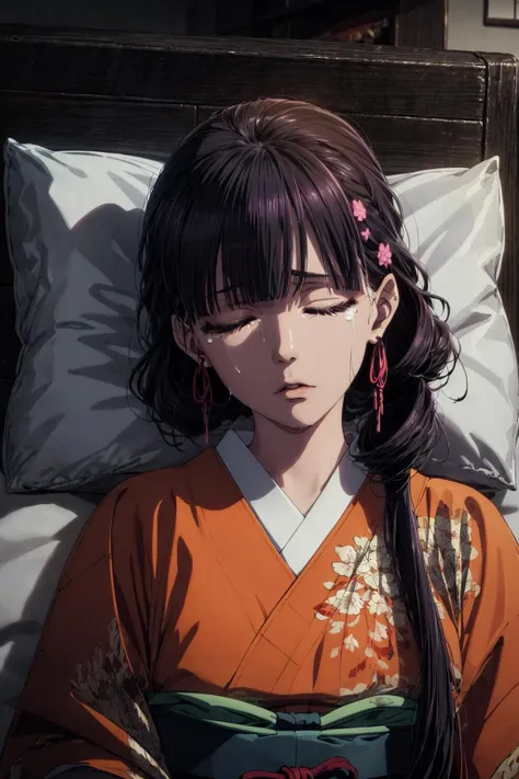 (best quality), (masterpiece),(ultra-detailed:1.2),(photorealistic:1.1),ultra high res,
1girl,(sleeping:1.4),closed eyes,(tears:1.2),(lie in bed:1.2),Japanese style,pillow,
<lora:miyo:0.8> miyo,kimono,Long hair, hair over shoulder,obi, hair ornament, mole, mole under eye,
miasma,
<lora:flat2:-0.5>,
<lora:LowRa:0.4>