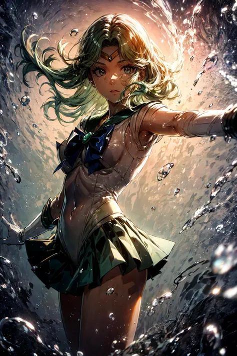 (best quality), (masterpiece),(ultra-detailed:1.2),ultra high res,cowboy shot,
1girl,calm,cool girl,
<lora:sailorneptune-lyco-nochekaiser:0.85> sailor neptune,sailor senshi uniform,leotard,skirt,green hair,white elbow gloves,tiara,
(under water:1.2),bubble,Glittering,(gradient background:1.1) ,,abstract background,(floating hair:1.1),
<lora:ltp-testlora-transparentbody_02:0.55>,
<lora:flat2:-0.3> ,
<lora:LowRa:-0.2> ,