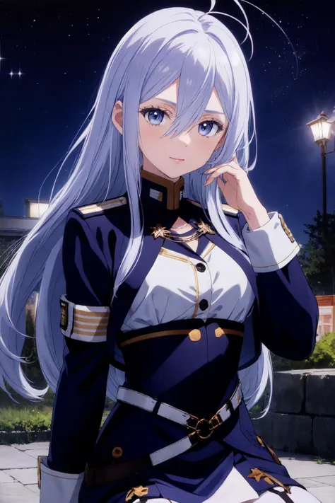 <lora:vladilena_millize_v1:0.7>, aalena, long hair, antenna hair, hair between eyes, military uniform, white shirt, blue jacket, armband, long sleeves, white belt, blue skirt, garter straps, white thighhighs, absurdres, highres, (official art, beautiful and aesthetic:1.2), ultra detail, night, outdoors, shining star, (star effects:1.1), arm up behind neck, upper body, (close-up face:1.2), looking at viewer,
