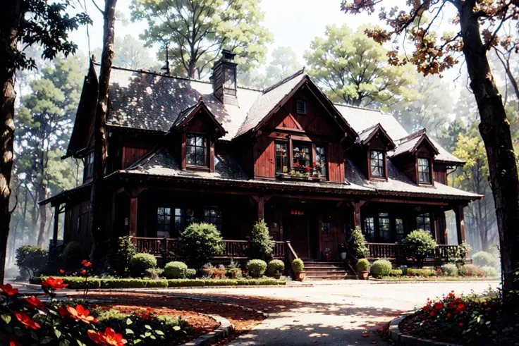 ((best quality, masterpiece, absurbres, super-resolution)) a dark forest with red flowers surrounding the dark house and house, in the style of photo-realistic landscapes, fairycore, hauntingly beautiful