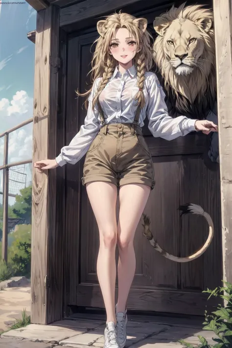 (Masterpiece:1.2), best quality, (illustration:1.2), (ultra-detailed), hyper details, (delicate detailed), (intricate details), clear line, high contrast, colorfull, (Cinematic masterpiece),
1 girl, wide hips, blush skindentation, naugthy smile,
((perfect female body, narrow waist)), fantasy, dreamlike, unreal, 1girl, nsfw, 8K raw photo, Best quality, masterpiece, ultra high res, 1girl, looking at viewer, natural skin texture, realistic eye and face details, full lips, lipstick, rouge \(makeup\), red eyeshadow, long braid, messy blonde hair, little smile, beautiful legs, thigh_gap, tall female, skinny, slim_legs,1girl, solo, overalls, long hair, short, outdoors, shoes, workingl uniform, looking at viewer, sneakers, standing, parted lips, realistic, brown eyes, white shirt, lips, web address, clothes lift, watermark, long sleeves, holding, breasts, (lion, zookeeper, zoo:1.4)
<lora:Shexyo:0.4> <lora:methurlant:0.2> <lora:add_detail:0.7>,