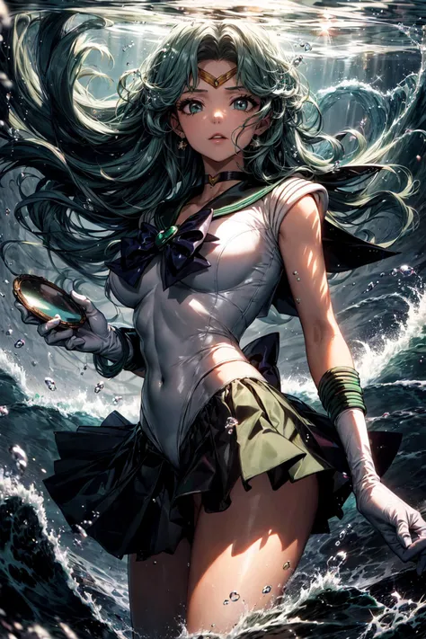 (best quality), (masterpiece),(ultra-detailed:1.2),ultra high res,cowboy shot,
1girl,(holding mirror:1.1),hand mirror,calm,cool girl,
<lora:sailorneptune-lyco-nochekaiser:0.85> ,sailor neptune,sailor senshi uniform,leotard,skirt,green hair,white elbow gloves,
(under water:1.2),bubble,Glittering,gradient,wave,abstract background,floating hair,reflection,
<lora:flat2:-0.3> ,
<lora:LowRa:0.2> ,