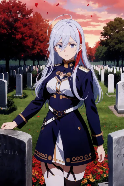 <lora:vladilena_millize_v1:0.7>, aalena, long hair, streaked hair, antenna hair, antenna hair, hair between eyes, military uniform, white shirt, blue jacket, armband, long sleeves, white belt, blue skirt, garter straps, white thighhighs, absurdres, highres, (official art, beautiful and aesthetic:1.2), ultra detail, close view, aerial, beautiful person, red sky, star effects, falling petals, nature, high hill, grave, arlington national cemetery, gazing,