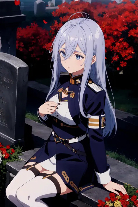<lora:vladilena_millize_v1:0.7>, aalena, long hair, antenna hair, hair between eyes, military uniform, white shirt, blue jacket, armband, long sleeves, white belt, blue skirt, garter straps, white thighhighs, absurdres, highres, (official art, beautiful and aesthetic:1.2), ultra detail, close view, aerial, beautiful person, red sky, star effects, falling petals, nature, high hill, grave, arlington national cemetery, hand on chest, gazing,