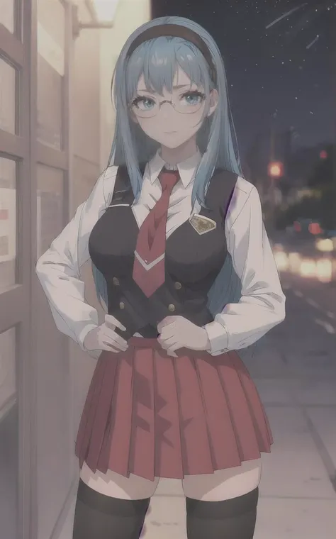 SchoolUniform_JunkoMochida_ownwaifu, night,
1girl, blue hair, long hair, glasses, hairband, large breasts, blue eyes, 
school uniform, red necktie, vest, red skirt, pleated skirt, zettai ryouiki, thighhighs, legs, 
<lora:FAP_BibleBlack_JunkoMochida_ownwaifu:0.7> ,
((masterpiece)),((best quality)),(highres), bokeh, depth_of_field, spotlight, scenery, looking at viewer, solo, contrapposto, cowboy shot,