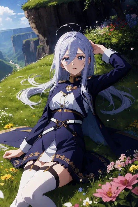 <lora:vladilena_millize_v1:0.7>, aalena, long hair, antenna hair, hair between eyes, military uniform, white shirt, blue jacket, armband, long sleeves, white belt, blue skirt, garter straps, white thighhighs, absurdres, highres, (official art, beautiful and aesthetic:1.2), ultra detail, close view, aerial, beautiful person, happy, grassland, blue sky, wind effects, flower effects, falling petals, nature, flower field, canyon, lying,