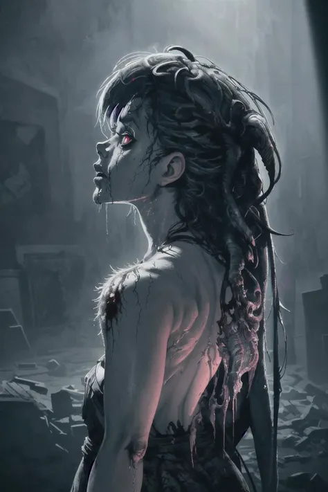 Epic mystery art of (zombie child). Horror, Horrific, Terror, Blood Stain, Hyperrealistic, Gloomy, Masterpiece, Legit., trending on artstation, sharp focus, studio photo, intricate details, highly detailed, by greg rutkowski, chiaroscuro, CG, 32k, OLED, Dark moody, Dark texture, at the dark city, smooth, atmospheric, High resolution, detailed, dark angle, high contrast, mystical, rough shading, Hyper detailed, Hyper realistic, masterpieces, award-winning, thick strokes, Vibrant color, lush vivid colors, cold colors, cinematic lighting, backlighting hair, back lighting, volumetric lighting, Film light, dynamic lighting, octane render, trending on artstation and cgsociety, good anatomy, ultra hd, realistic, vivid colors, highly detailed, UHD drawing, pen and ink, perfect composition, beautiful detailed intricate insanely detailed octane render trending on artstation, 8k artistic photography, photorealistic concept art, soft natural volumetric cinematic perfect light