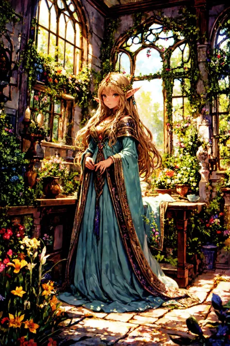 ((best quality, masterpiece, absurbres)), Mysterious Fantasy, Enchanting Colors, Soft Lighting, Secret Garden, Elven Fashion