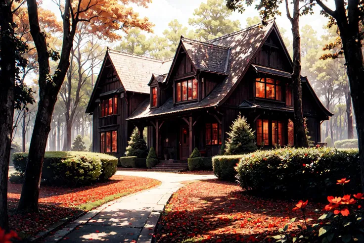 ((best quality, masterpiece, absurbres, super-resolution)) a dark forest with red flowers surrounding the dark house and house, in the style of photo-realistic landscapes, fairycore, hauntingly beautiful