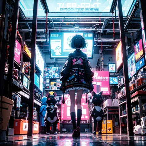 ((best quality, masterpiece, absurbres, super-resolution)) a woman standing surrounded by a lot of stuffed animals, in the style of luminous palette, kawaii art, darkly detailed, kidcore, dark white and blue, neon installations, ratcore