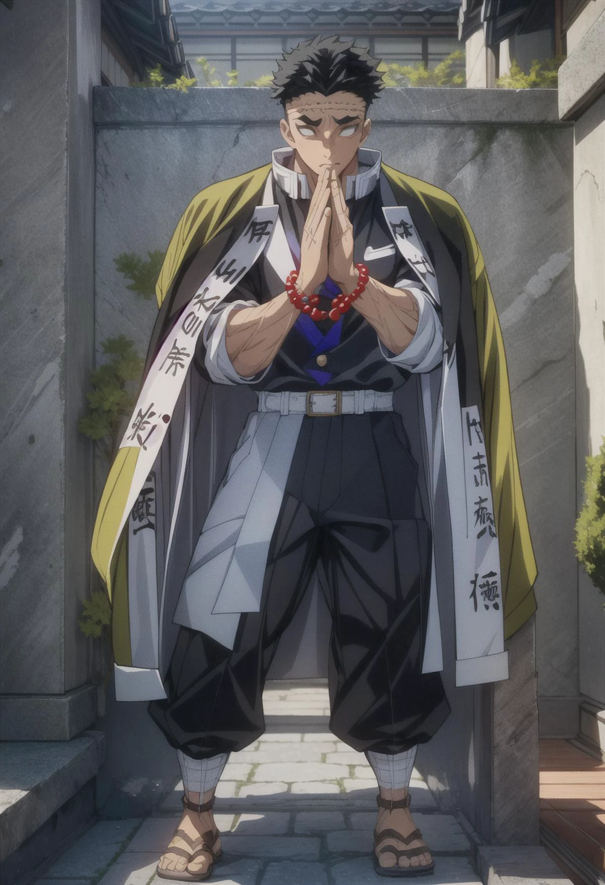 (cowboy shot), (masterpiece, best quality:1.3), (((solo))), male focus, 1boy, <lora:Gyomei Himejima KNY v2:0.9>, Gyomei Himejima from demon slayer, short hair, black hair, (no eyes, white eyes, no irises), red Buddha beads around neck, scar on forehead, (((demon slayer uniform))), (((black jacket))), (((closed jacket))), black pants, (((kaki haori))), sandals, (((SFW))),
<lora:add_detail:0.5>, (crossed arm),
((standing)),
(((closed mouth))),
outdoor,
best quality, high resolution, distinct image, Cinematic light, intricate_detail, highres, official art, finely detailed beautiful face, high-resolution illustration, 8k, Dynamic Range, tonemapping, crisp details, Beautiful Finger,Beautiful body,Beautiful Nose,Beautiful character design, (perfect eyes),extremely detailed CG unity 8k wallpaper, full body photo of the most beautiful artwork in the world, deviantart hd, artstation hd, concept art, detailed face and body, award-winning photography, margins, detailed face, ,backlight, 12k ultrarealistic, ray tracing, intense gaze, cinematic lighting, art by Grzegorz Rutkowski, embers