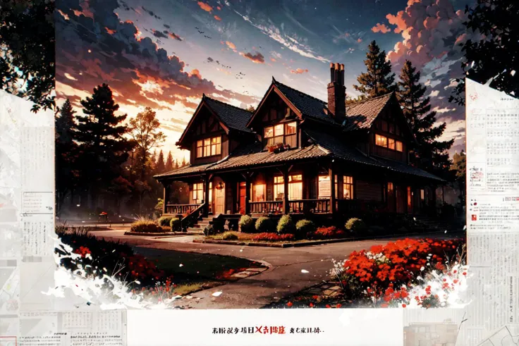 ((best quality, masterpiece, absurbres, super-resolution)) a dark forest with red flowers surrounding the dark house and house, in the style of photo-realistic landscapes, fairycore, hauntingly beautiful