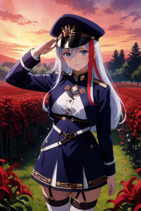 <lora:vladilena_millize_v1:0.7>, aalena, military hat, long hair, multicolored hair, streaked hair, hair between eyes, military uniform, white shirt, blue jacket, armband, long sleeves, white belt, blue skirt, garter straps, white thighhighs, absurdres, highres, (official art, beautiful and aesthetic:1.2), ultra detail, close view, aerial, beautiful person, grassland, long distance horizon, high hill, (red sky:1.1), flower effects, (cluster amaryllis:1.1), (falling petals:1.1), serious, 1girl, standing, salute, looking at viewer,