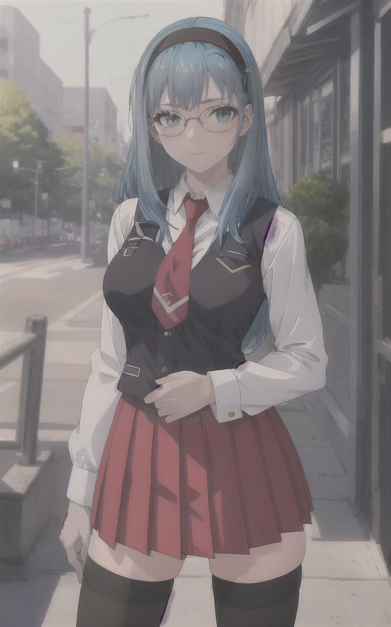SchoolUniform_JunkoMochida_ownwaifu, day,
1girl, blue hair, long hair, glasses, hairband, large breasts, blue eyes,
school uniform, red necktie, vest, red skirt, pleated skirt, zettai ryouiki, thighhighs, legs,
<lora:FAP_BibleBlack_JunkoMochida_ownwaifu:0.7> ,
((masterpiece)),((best quality)),(highres), bokeh, depth_of_field, spotlight, scenery, looking at viewer, solo, contrapposto, cowboy shot,
