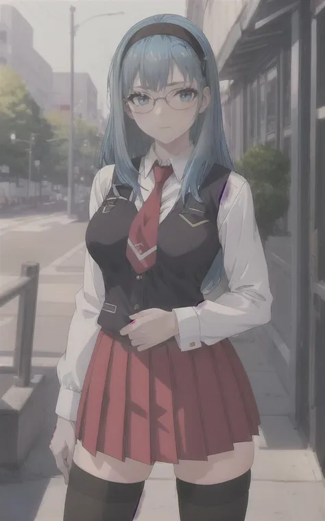 SchoolUniform_JunkoMochida_ownwaifu, day,
1girl, blue hair, long hair, glasses, hairband, large breasts, blue eyes, 
school uniform, red necktie, vest, red skirt, pleated skirt, zettai ryouiki, thighhighs, legs, 
<lora:FAP_BibleBlack_JunkoMochida_ownwaifu:0.7> ,
((masterpiece)),((best quality)),(highres), bokeh, depth_of_field, spotlight, scenery, looking at viewer, solo, contrapposto, cowboy shot,