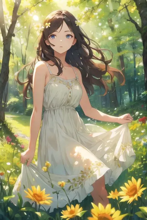 (masterpiece), best quality, expressive eyes, perfect face, forest, A young woman, in a summer sundress, Grass and flowers grow around, Sunny summer day