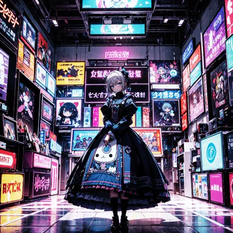 ((best quality, masterpiece, absurbres, super-resolution)) a woman standing surrounded by a lot of stuffed animals, in the style of luminous palette, kawaii art, darkly detailed, kidcore, dark white and blue, neon installations, ratcore