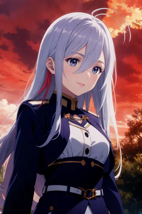 <lora:vladilena_millize_v1:0.7>, aalena, long hair, antenna hair, hair between eyes, military uniform, white shirt, blue jacket, armband, long sleeves, white belt, blue skirt, garter straps, white thighhighs, absurdres, highres, (official art, beautiful and aesthetic:1.2), ultra detail, gazing, happy, upper body, (close-up face:1.1), backlight, red sky, cloudy sky, nature, looking afar,
