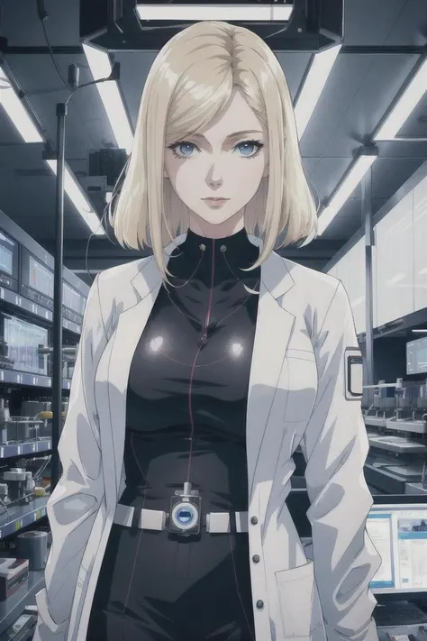blonde woman in a scientist's lab coat in a futuristic laboratory, (young elizabeth mitchell:0.8), 8k uhd, dslr, soft lighting, high quality, cinematic lighting,