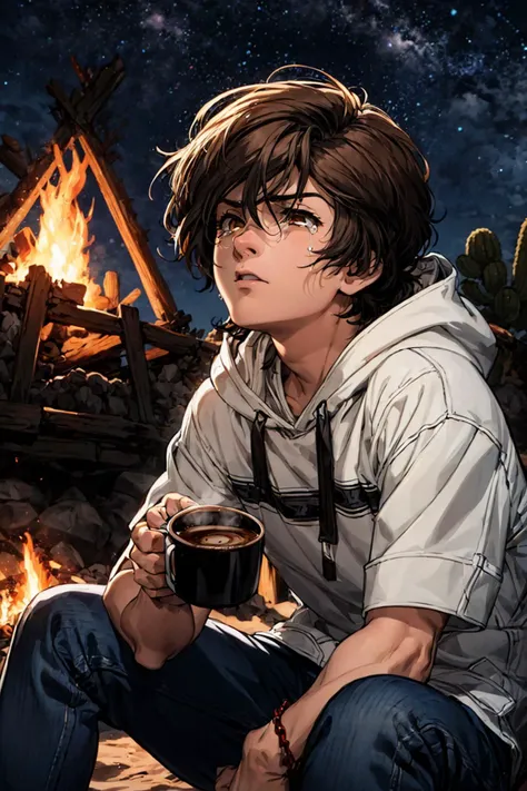 (best quality), (masterpiece),(ultra-detailed:1.2),cowboy shot,from below,
1boy,brown hair,sitting,looking up,tears,(serious:1.2),half closed eyes,
holding Mug with both hands,Coffee,
<lora:Banagher_Links_Unicorn_Gundam:0.9>,banagher_links,
white hoodie,jeans,
(desert:1.3),(dune:1.1),night,Campfire ,rocky,starry,
<lora:flat2:-0.3> ,
<lora:LowRa:0.2> ,