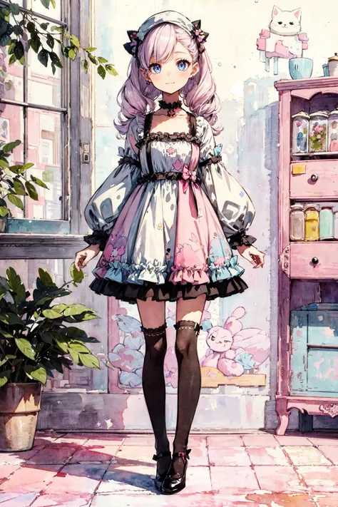 ((best quality, masterpiece, absurbres, super-resolution)) dollhouse, cat, fullbody,1 girl,
(pastel color:1.5),(cute illustration:1.5),(watercolor:1.2),white back ground,