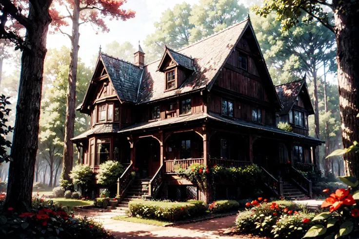 ((best quality, masterpiece, absurbres, super-resolution)) a dark forest with red flowers surrounding the dark house and house, in the style of photo-realistic landscapes, fairycore, hauntingly beautiful