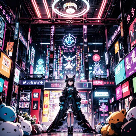 ((best quality, masterpiece, absurbres, super-resolution)) a woman standing surrounded by a lot of stuffed animals, in the style of luminous palette, kawaii art, darkly detailed, kidcore, dark white and blue, neon installations, ratcore