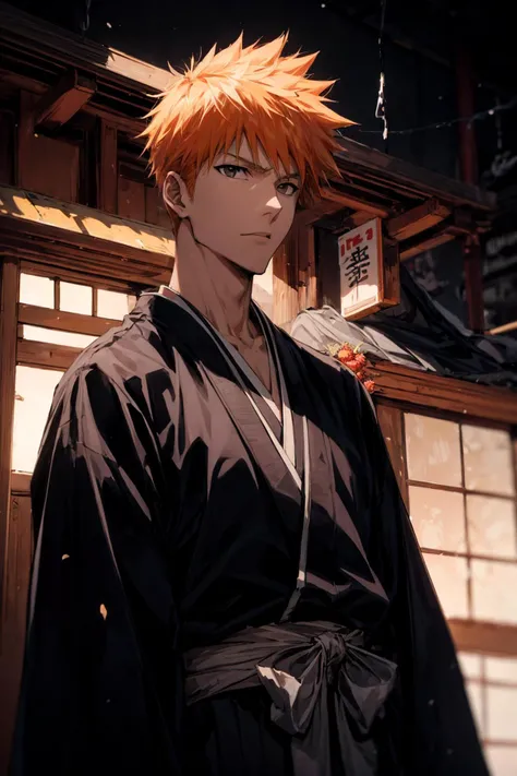 absurdres, (best quality), (masterpiece),(ultra-detailed:1.2),cowboy shot,
1boy,
<lora:bleach_kurosaki:0.9> ,kurosaki ichigo, short hair,orange hair, spiked_hair,japanese clothes, black kimono,hakama,
<lora:flat2:-0.5> ,
<lora:LowRa:0.2> ,dark theme,