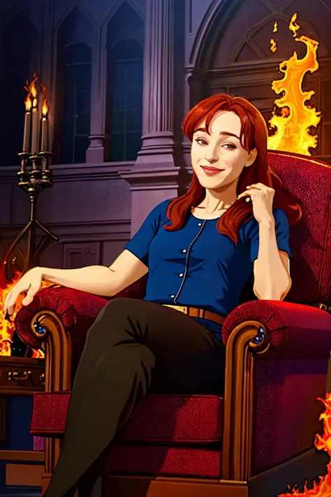 ruthconnell, woman, long hair, sitting in a big armchair in the middle of a big room, surrounded by flames, evil smile,
highly detailed, realistic, 
 <lora:RuthConnellSD_v1:1>