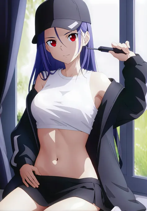 (((masterpiece))), (((best quality))), ultra-detaile,midriff, backlighting,
on bed,window, sitting,hand between legs,
long hair, hat, jacket,black_headwear, black_jacket,open_clothes, open_jacket, ,navel, white shirts, black skirt, crop_top,
medium breast, hair ornament, ,red eyes:1.2, bangs,
<lora:pizza01:0.8>