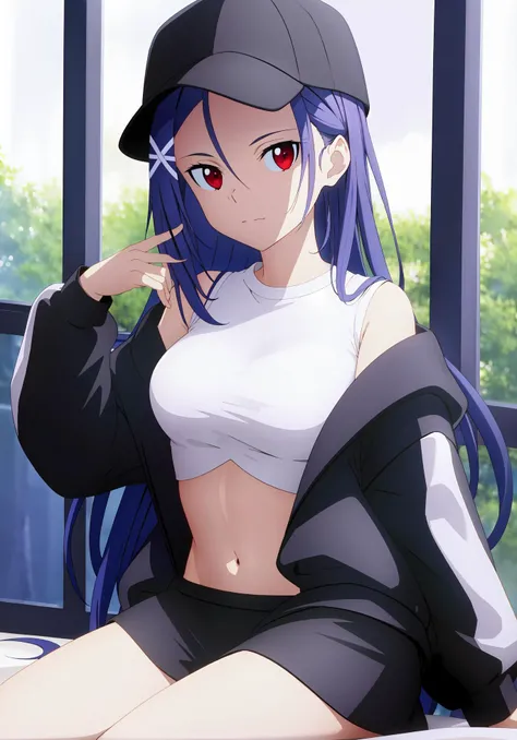 (((masterpiece))), (((best quality))), ultra-detaile,midriff, backlighting,((sexy)),cute, thigh,
on bed,window, sitting,((hand between legs)),
long hair, hat, jacket,black_headwear, black_jacket,open_clothes, open_jacket, ,navel, white shirts, black skirt, crop_top,
medium breast, hair ornament, ,red eyes:1.2, (bangs),
<lora:pizza01:0.8>