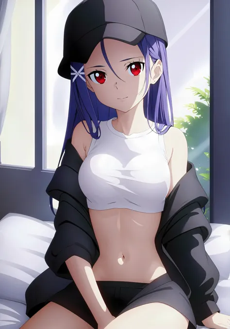 (((masterpiece))), (((best quality))), ultra-detaile,midriff, backlighting,((sexy)),cute, thigh,
on bed,window, sitting,(hand between legs),
long hair, hat, jacket,black_headwear, black_jacket,open_clothes, open_jacket, ,navel, white shirts, black skirt, crop_top,
medium breast, hair ornament, ,red eyes:1.2, (bangs),
<lora:pizza01:0.8>