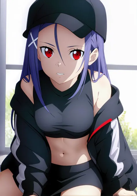(((masterpiece))), (((best quality))), ultra-detaile,midriff,  backlighting,((sexy)),cute, thigh,
on bed,window, sitting,(hand between legs),
 long hair, hat, jacket,black_headwear, black_jacket,open_clothes, open_jacket, ,navel, white shirts, black skirt, crop_top,
medium breast, hair ornament, ,red eyes:1.2, (bangs),
 <lora:pizza01:0.8>