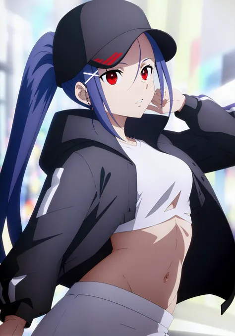 (((masterpiece))), (((best quality))), ultra-detaile,midriff,  backlighting
city, street, 
 long hair, hat, jacket,black_headwear, black_jacket,open_clothes, open_jacket, ,navel, white shirts, black skirt, crop_top,
medium breast, hair ornament, ,red eyes:1.2, bangs,
 <lora:pizza01:0.8>