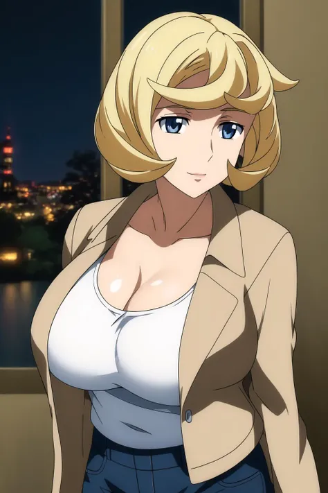 (Night:1.7), Japan, Tokyo, CityView, Before Window,
Standing at attention,
brown jacket,long sleeves, jeans,cleavage, collarbone, white shirt,
<lora:Merribit_Stapleton_GUNDAM_IBO-KK77-V1:0.7>,
blonde hair, blue eyes,short hair,
1 girl, 20yo,Young female,Beautiful Finger,Beautiful long legs,Beautiful body,Beautiful Nose,Beautiful character design, perfect eyes, perfect face,expressive eyes,
looking at viewer, in the center of the image,(Upper_body),(Focus on her face),(light_smile:0.5),
official art,extremely detailed CG unity 8k wallpaper, perfect lighting,Colorful, Bright_Front_face_Lighting,shiny skin,
(masterpiece:1.0),(best_quality:1.0), ultra high res,4K,ultra-detailed,
photography, 8K, HDR, highres, absurdres:1.2, Kodak portra 400, film grain, blurry background, bokeh:1.2, lens flare, (vibrant_color:1.2)
(Beautiful,large_Breasts:1.0), (beautiful_face:1.5),(narrow_waist),