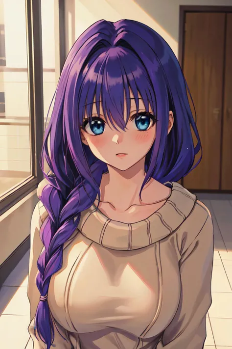 (best quality, masterpiece, RAW photo,ultra-detailed:1.2),1girl,solo,
,akiko_minase, long hair, purple hair, blue eyes, braid, single braid, hair intakes, hair over shoulder, (mature female), sweater large breasts,
blush vibrant colors ,,hair between eyes , beautiful,  <lyco:akiko_minase_DG:0.7>