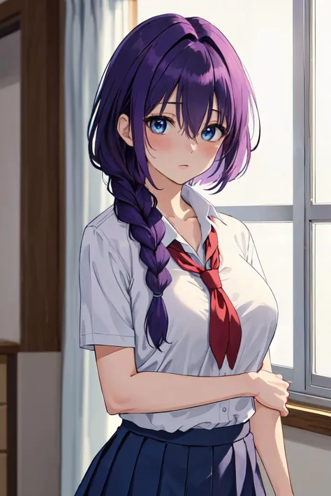 (best quality, masterpiece, RAW photo,ultra-detailed:1.2),1girl,solo,
,akiko_minase, long hair, purple hair, blue eyes, braid, single braid, hair intakes, hair over shoulder, (mature female), school uniform,cosplay as student, large breasts,micro mini skirt,
blush vibrant colors ,,hair between eyes , beautiful,  <lyco:akiko_minase_DG:0.2>