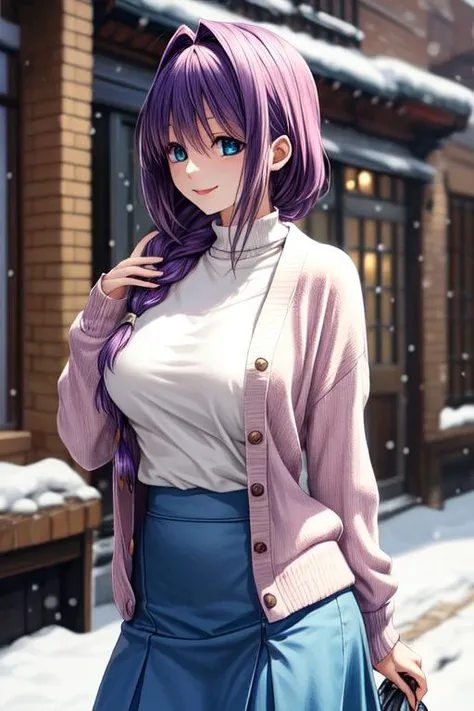 (masterpiece, best quality, ultra detailed, absurdres)1.5, 1girl, (sexy, beautiful woman, perfect face, perfect eyes, perfect female body)1.5, (AKIKO_MINASE, LONG HAIR, PURPLE HAIR, BLUE EYES, BRAID, SINGLE BRAID, HAIR INTAKES, HAIR OVER SHOULDER, MATURE FEMALE, LARGE BREASTS, extremely detailed clothes, smile, white SWEATER, pink Cardigan, blue Skirt,  <lora:akiko_minase:0.7>), (petting a cat, winter park), snowing, smooth, hdr, <lora:more_details:0.7>