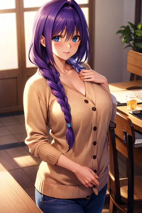masterpiece, (best quality), 1woman,1girl ,akiko_minase, long hair, purple hair, blue eyes, braid, single braid, hair intakes, hair over shoulder, (mature female), skirt, sweater, cardigan, housewife, large breasts,,sexy woman, adult, blush vibrant colors ,,natural lighting ,RTX, hair between eyes , beautiful, (detailed face:1.2), showcase, (perfect eyes:1.1) ,(photorealistic:1.1), 8k uhd, looking at viewer, indoors, simple backround