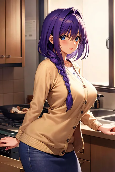 masterpiece, (best quality), 1woman,1girl ,akiko_minase, long hair, purple hair, blue eyes, braid, single braid, hair intakes, hair over shoulder, (mature female), skirt, sweater, cardigan, housewife, large breasts,,sexy woman, adult, blush vibrant colors ,,natural lighting ,RTX, hair between eyes , beautiful, (detailed face:1.2), showcase, (perfect eyes:1.1) ,(photorealistic:1.1), 8k uhd, looking at viewer, indoors, simple backround