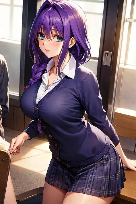 masterpiece, (best quality), 1woman,1girl ,akiko_minase, long hair, purple hair, blue eyes, braid, single braid, hair intakes, hair over shoulder, (mature female), school uniform,cosplay as student, large breasts,,sexy woman, adult, blush vibrant colors ,,natural lighting ,RTX, hair between eyes , beautiful, (detailed face:1.2), showcase, (perfect eyes:1.1) ,(photorealistic:1.1), 8k uhd, looking at viewer, indoors, simple backround