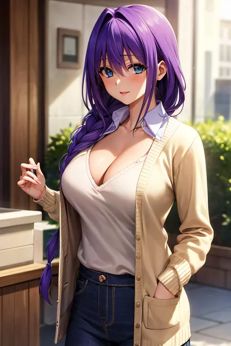 masterpiece, (best quality), 1woman,1girl ,akiko_minase, long hair, purple hair, blue eyes, braid, single braid, hair intakes, hair over shoulder, (mature female), skirt, sweater, cardigan, large breasts,,sexy woman, adult, blush vibrant colors ,,natural lighting ,RTX, hair between eyes , beautiful, (detailed face:1.2), showcase, (perfect eyes:1.1) ,(photorealistic:1.1), 8k uhd, looking at viewer, outdoors, simple backround