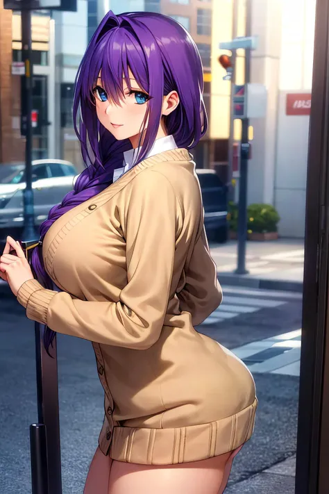 masterpiece, (best quality), 1woman,1girl ,akiko_minase, long hair, purple hair, blue eyes, braid, single braid, hair intakes, hair over shoulder, (mature female), skirt, sweater, cardigan, large breasts,,sexy woman, adult, blush vibrant colors ,,natural lighting ,RTX, hair between eyes , beautiful, (detailed face:1.2), showcase, (perfect eyes:1.1) ,(photorealistic:1.1), 8k uhd, looking at viewer, outdoors, simple backround