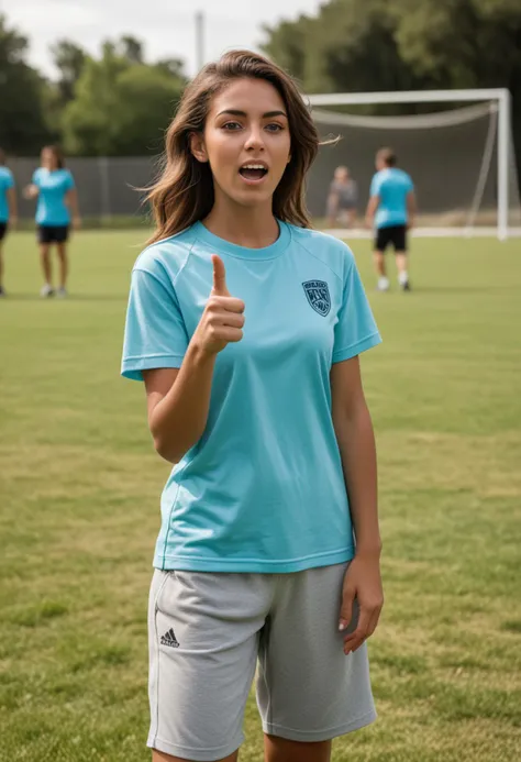 (medium full shot) of man, (lean soccer player) young woman, spanish, tan skin, turquoise eyes, petite build, extra long dark side-swept hair,  wearing a light blue athletic shirt, sweatpants, turf shoes, shin guards, set in  Community Soccer Field, local park setting, kids playing soccer, parents watching from the sidelines, picnic area nearby, casual and fun atmosphere, woman surprised, open mouth, pointing her finger at the viewer, Masterpiece,best quality, photo, realistic, very aesthetic, detailed face,