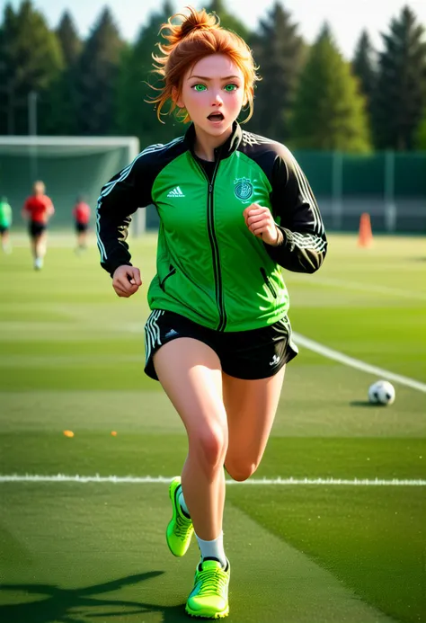 (medium full shot) of (radiant soccer player) young woman, german, tan skin, light green eyes, slender build, medium ginger messy bun hair, wearing a black sports jacket, soccer shorts, running shoes, training bib, set in Training Field, multiple practice pitches, cones and training equipment set up, players running drills, coaching staff overseeing practice, water coolers on the sidelines, at sunset, woman surprised, open mouth, running toward the viewer, ,Masterpiece,best quality, photo, realistic, very aesthetic, detailed face,